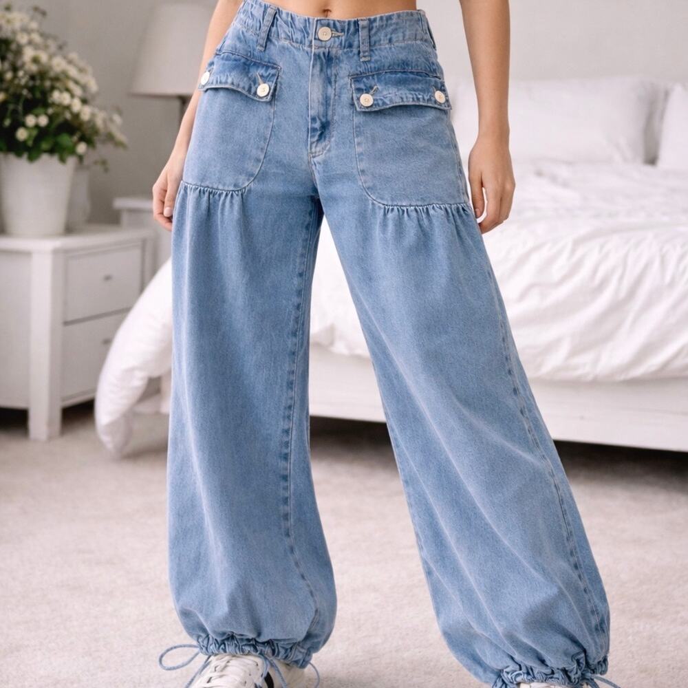Y2K Low Rise Baggy Balloon Jeans Drawstring Hem Wide Leg M